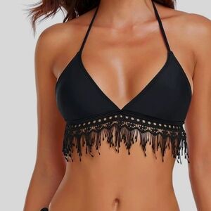 Relleciga Black Fringe Bikini Top NWT Size L